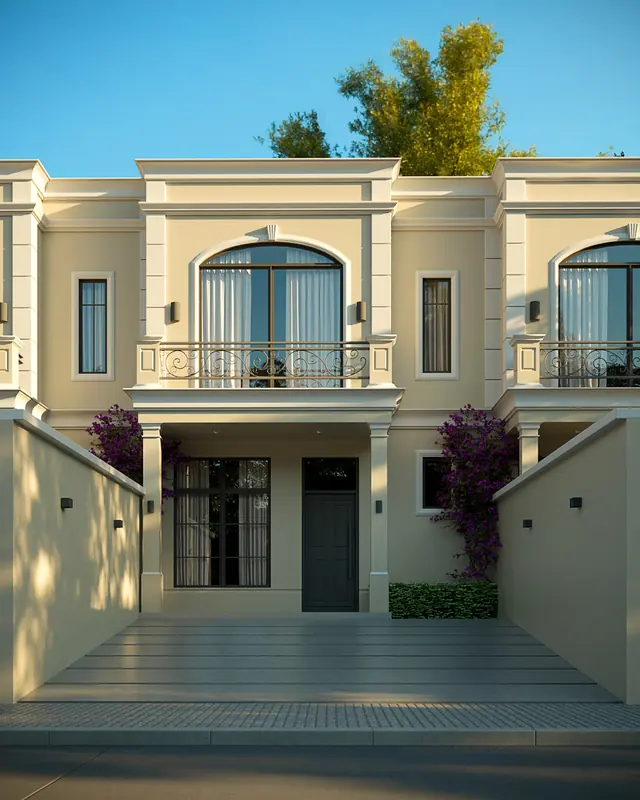 Render de la fachada de una casa de Altos de Provenza, con ventana en arco y balcón de hierro
