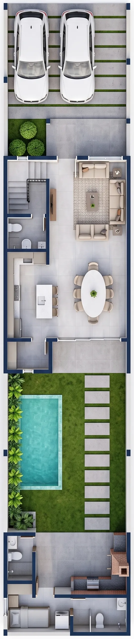 Plano 3D de la planta baja con piscina en el patio