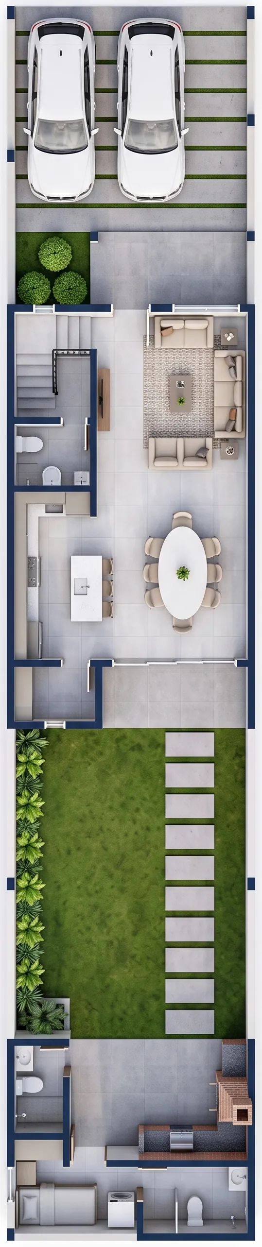 Plano 3D de la planta baja sin piscina: cochera, hall, sala y comedor, cocina con isla, baño, galería, patio y quincho